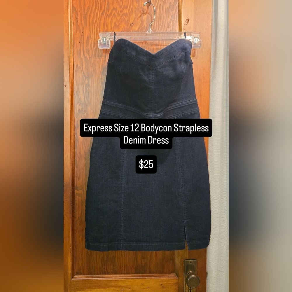Express Strapless Bodycon Denim Dress - Dark Blue
